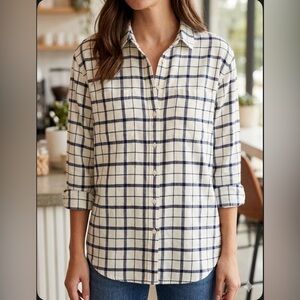 LOFT Navy and White Checkered Button-Down Shirt